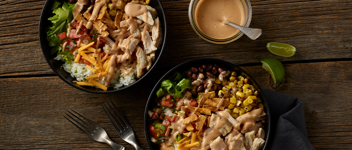 Pulled Chicken Barbeque Burrito Bowls.